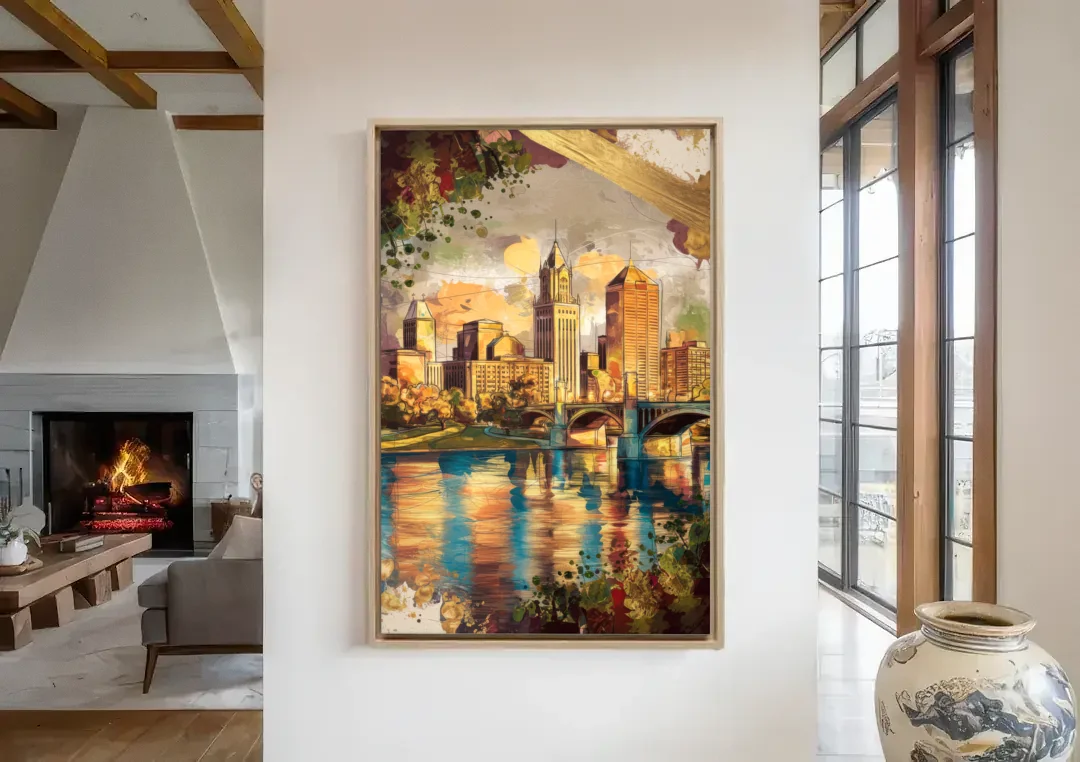 Columbus Historic Landmarks canvas wall art in a living room with a fireplace