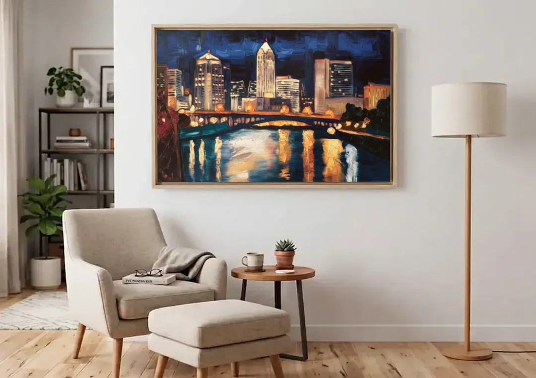 Columbus Nighttime Skyline canvas wall art above an armchair in a bright living room