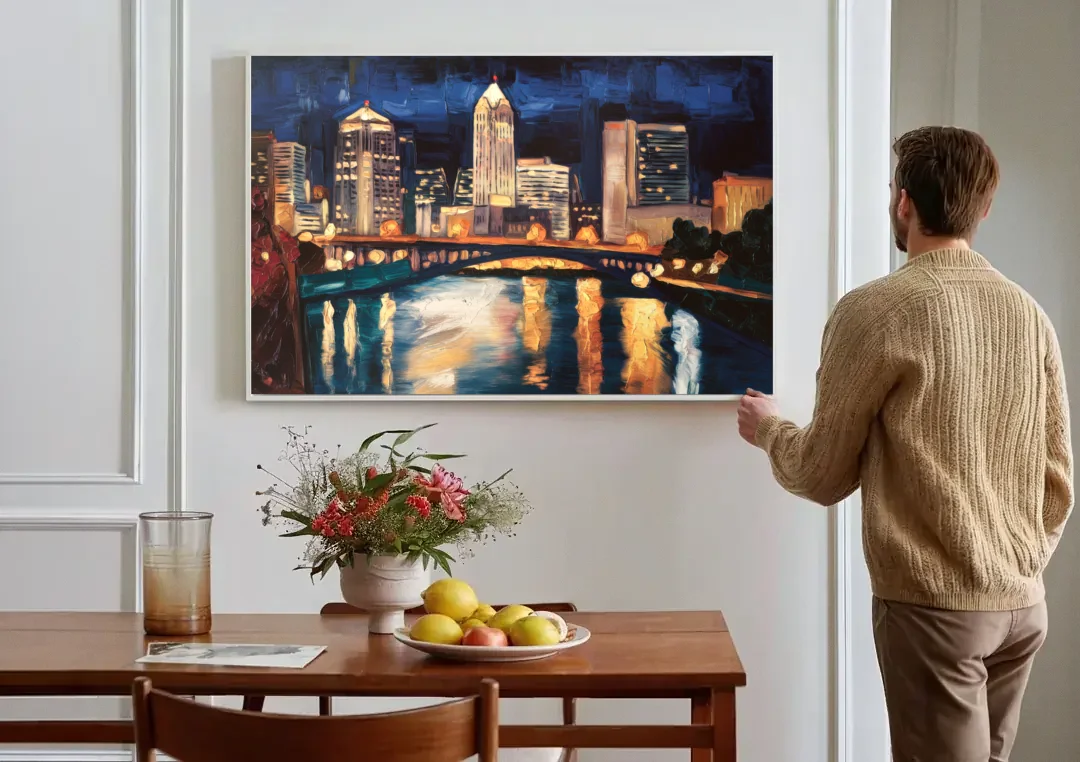 Columbus Nighttime Skyline canvas wall art above a dining table