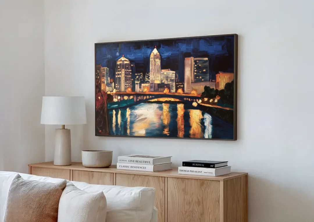 Columbus Nighttime Skyline canvas wall art above a wooden sideboard next to a sofa