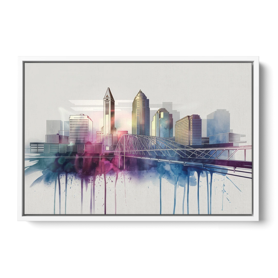 Columbus Ohio Skyline - White Framed Canvas Wall Art - Front