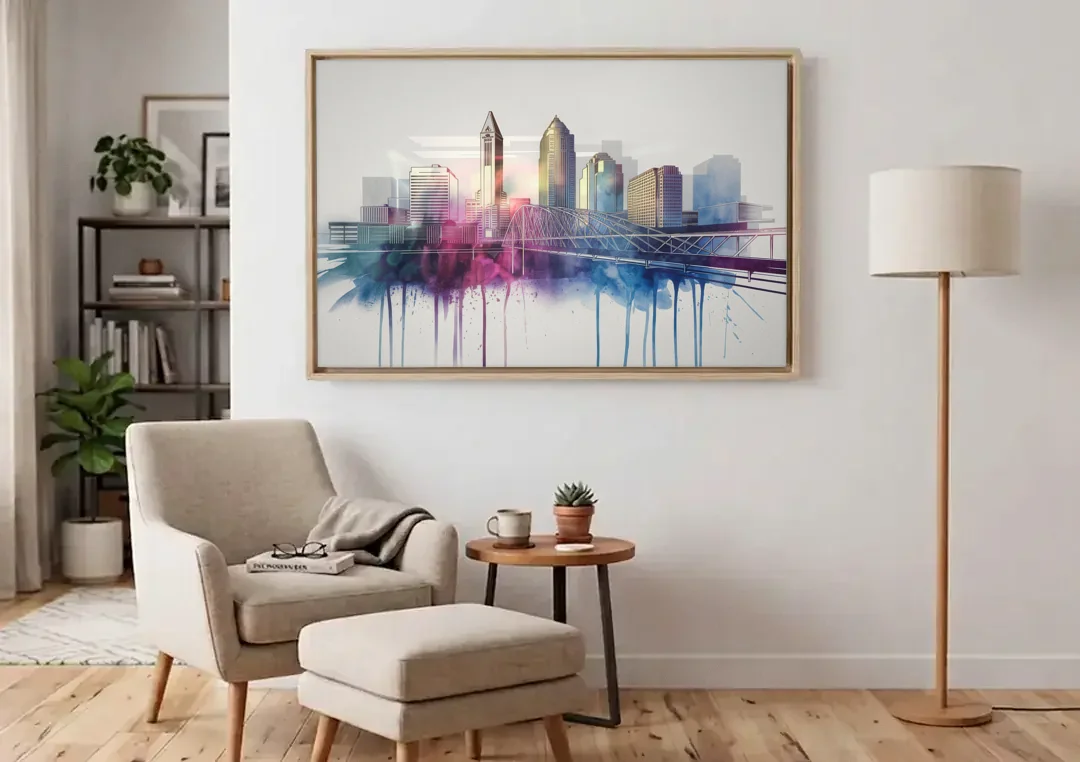 Columbus Ohio Skyline canvas wall art above an armchair in a bright living room