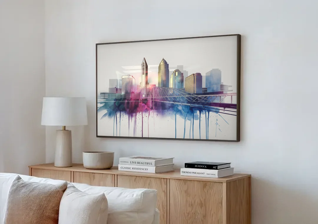 Columbus Ohio Skyline canvas wall art above a wooden sideboard next to a sofa
