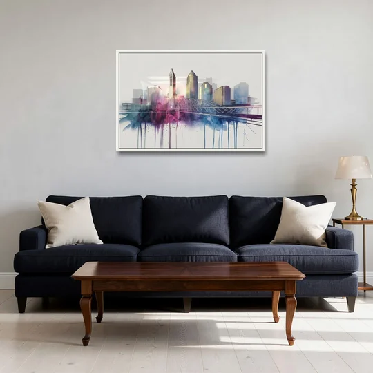 Columbus Ohio Skyline - White Framed Canvas Wall Art - Sofa - 36x24