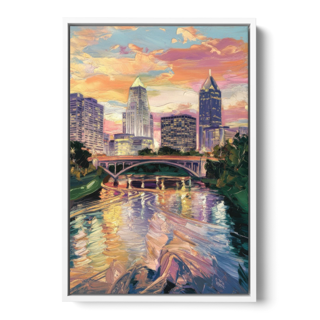 Columbus Scioto River View - White Framed Canvas Wall Art - Front