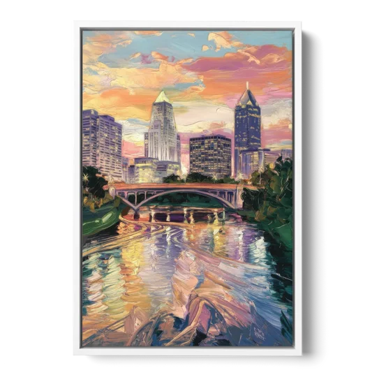 Columbus Scioto River View - White Framed Canvas Wall Art - Front