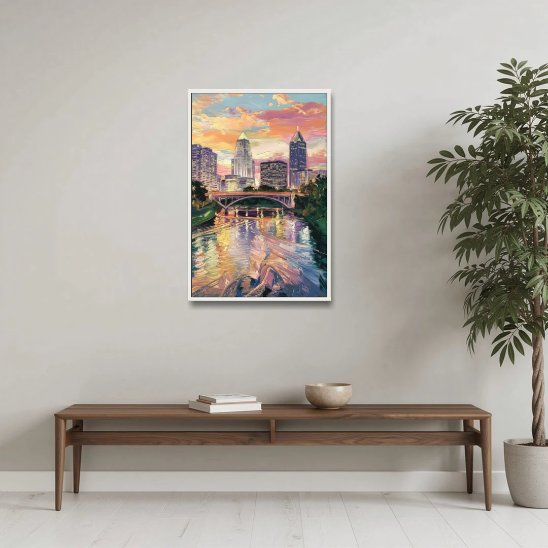 Columbus Scioto River View - White Framed Canvas Wall Art - Coffee Table - 24x36