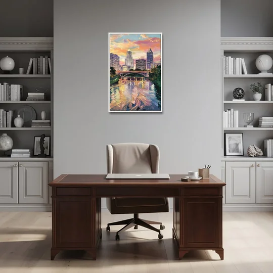 Columbus Scioto River View - White Framed Canvas Wall Art - Office - 24x36