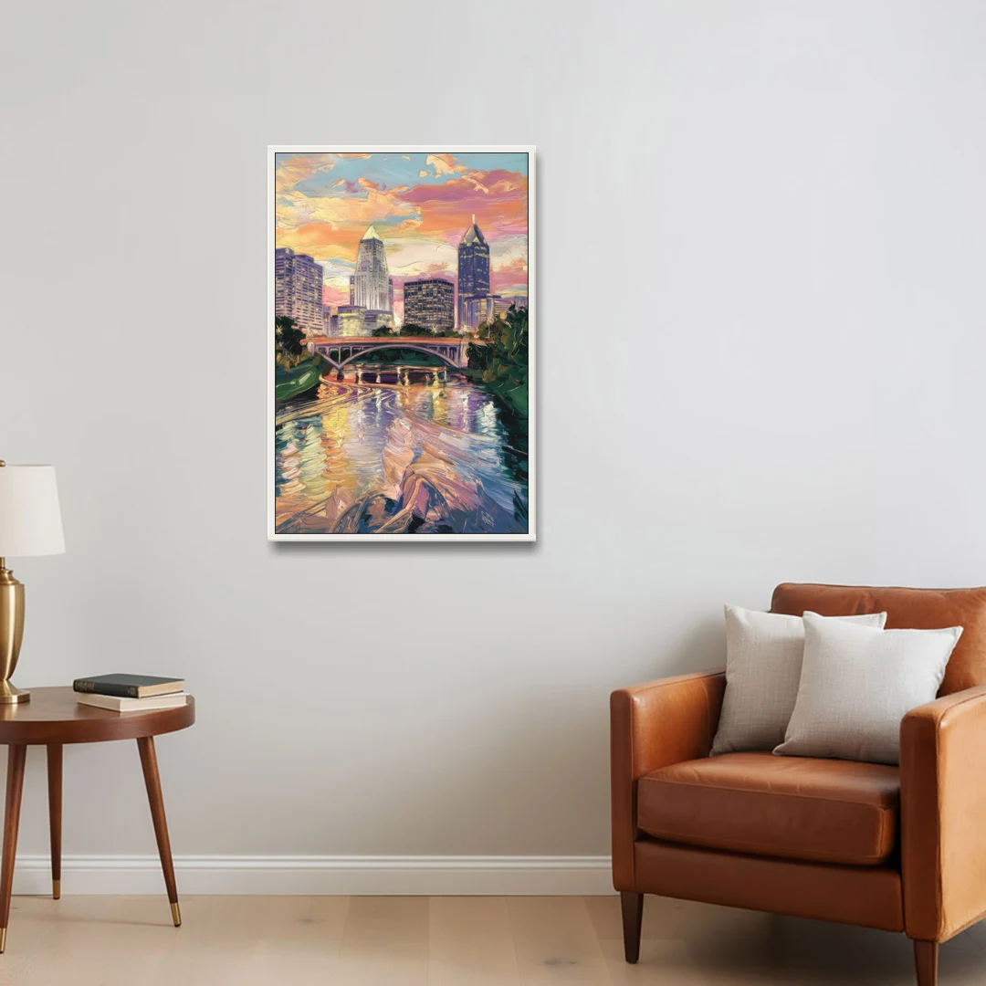 Columbus Scioto River View - White Framed Canvas Wall Art - Sofa - 24x36