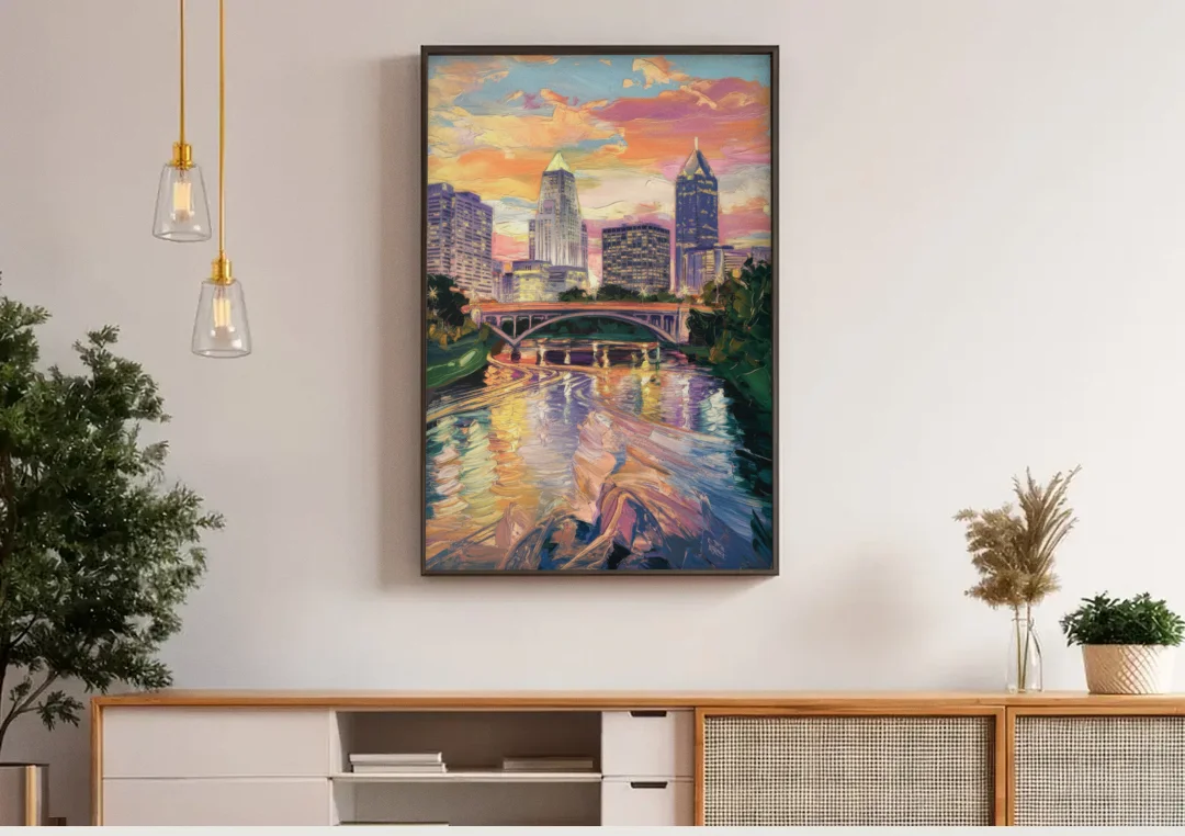 Columbus Scioto River View canvas wall art above a wooden sideboard under pendant lights