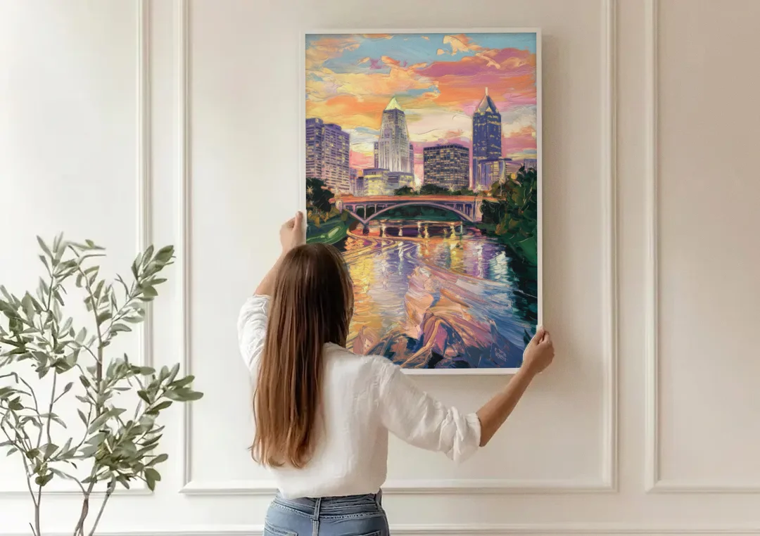 Columbus Scioto River View canvas wall art being hung on a paneled wall