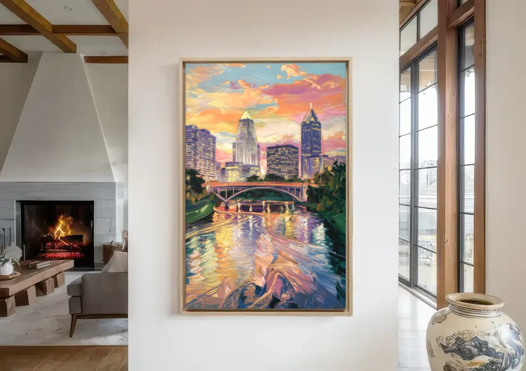 Columbus Scioto River View canvas wall art in a living room with a fireplace