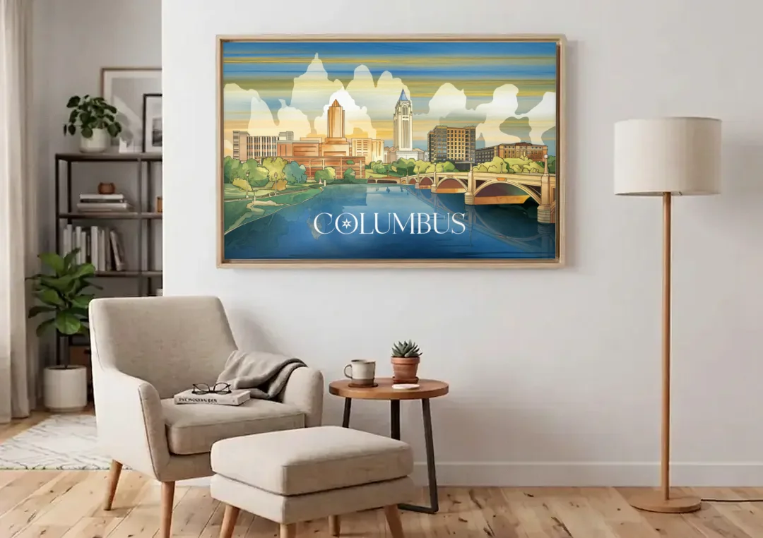 Columbus Urban Charm canvas wall art above an armchair in a bright living room