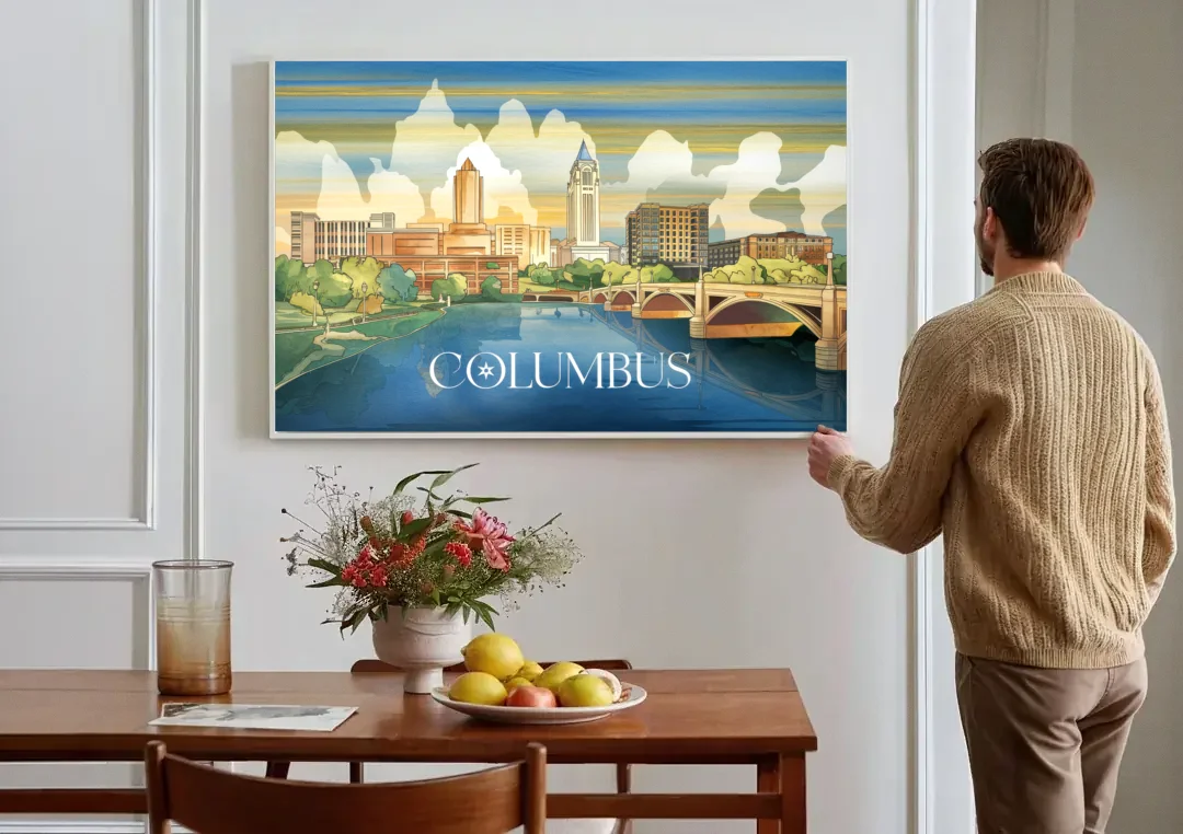 Columbus Urban Charm canvas wall art above a dining table
