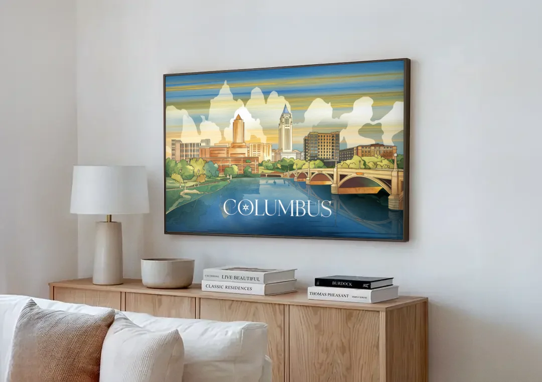 Columbus Urban Charm canvas wall art above a wooden sideboard next to a sofa