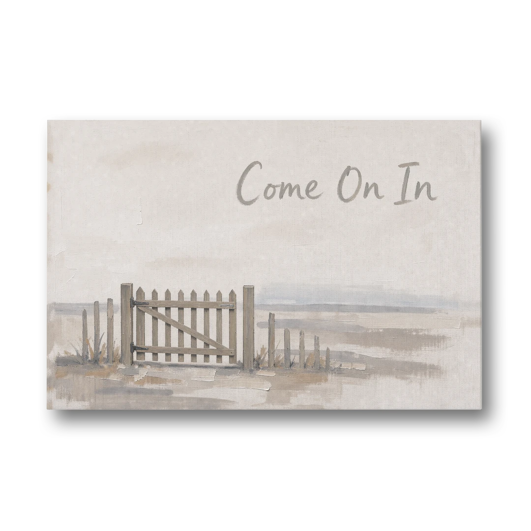 Come On In Garden Gate on a Cream Field - Canvas Wall Art - Front