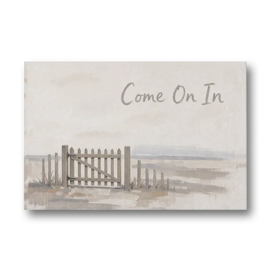 Come On In Garden Gate on a Cream Field - Canvas Wall Art - Front