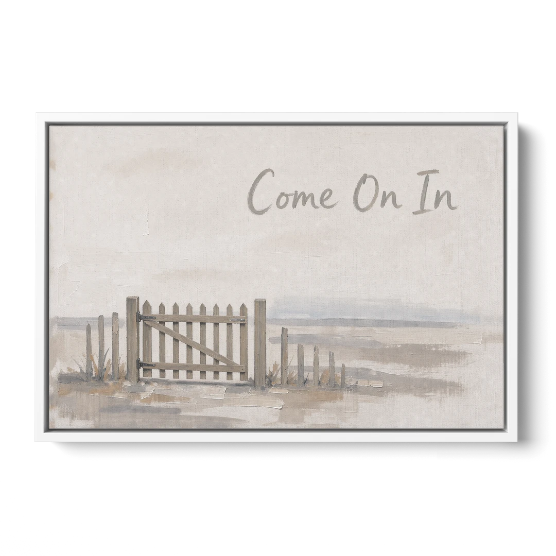 Come On In Garden Gate on a Cream Field - White Framed Canvas Wall Art - Front