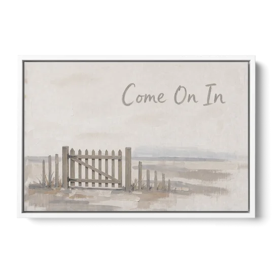 Come On In Garden Gate on a Cream Field - White Framed Canvas Wall Art - Front