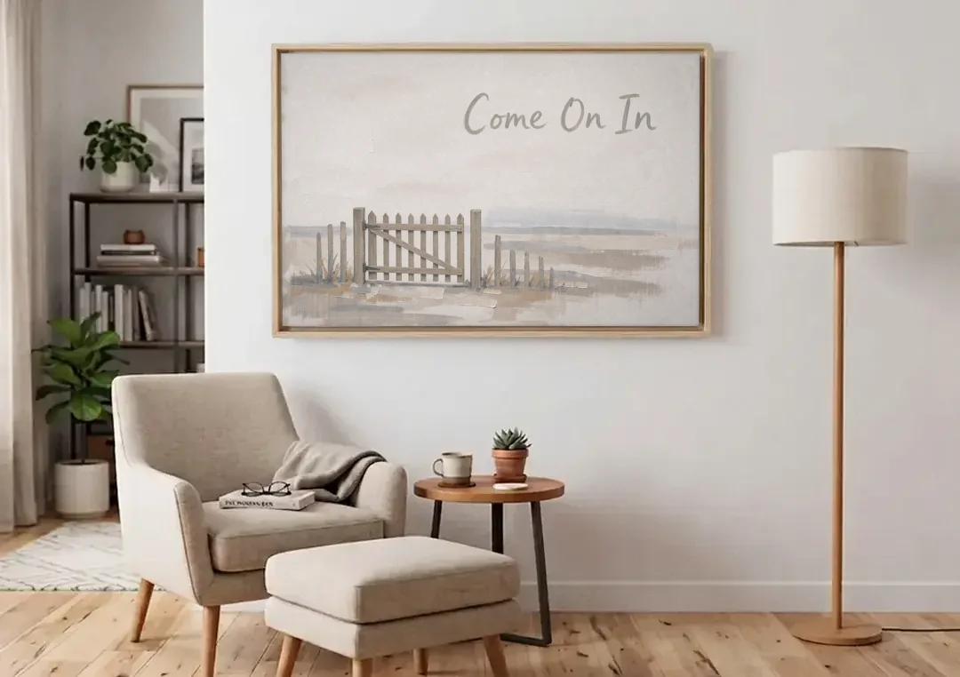 Come On In Garden Gate on a Cream Field canvas wall art above an armchair in a bright living room