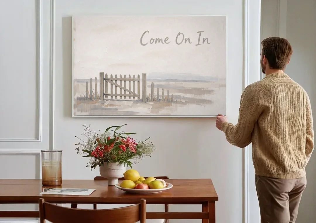 Come On In Garden Gate on a Cream Field canvas wall art above a dining table