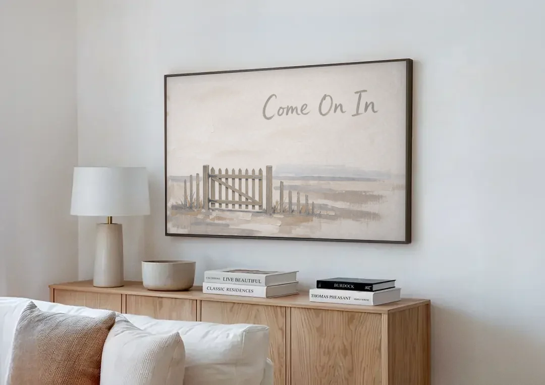 Come On In Garden Gate on a Cream Field canvas wall art above a wooden sideboard next to a sofa