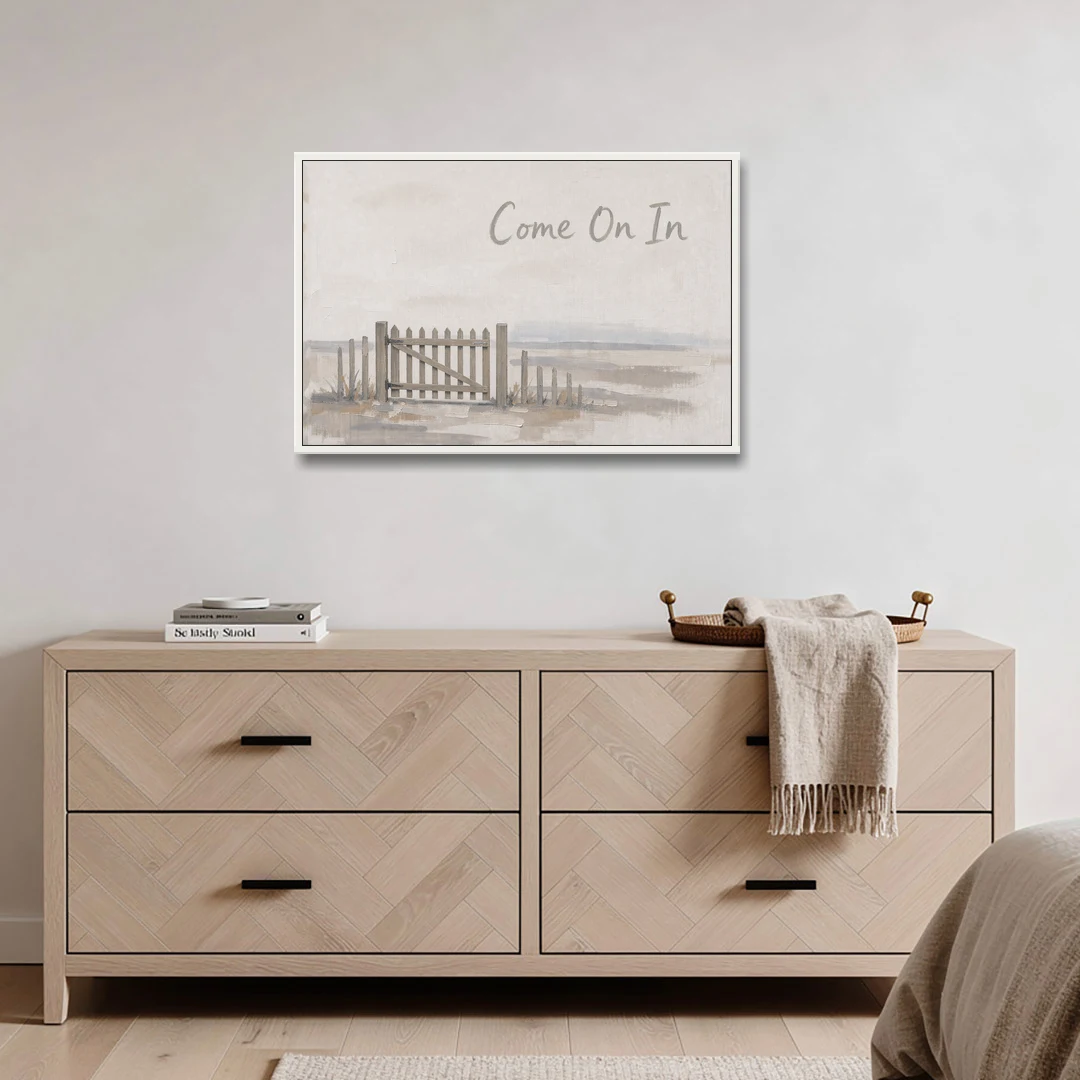 Come On In Garden Gate on a Cream Field - White Framed Canvas Wall Art - Coffee Table - 36x24