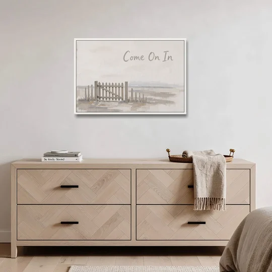 Come On In Garden Gate on a Cream Field - White Framed Canvas Wall Art - Coffee Table - 36x24