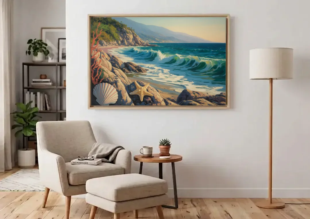 Conchas Chinas Coastline canvas wall art above an armchair in a bright living room