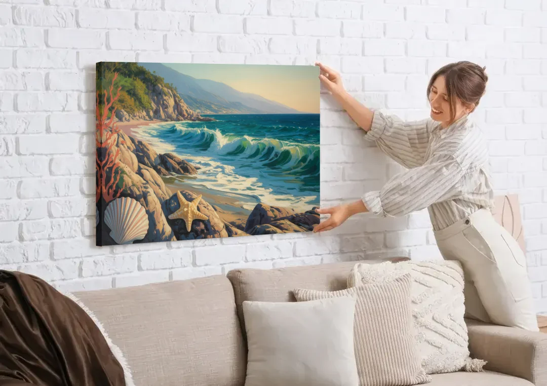 Conchas Chinas Coastline canvas wall art being hung on a white brick wall above a sofa