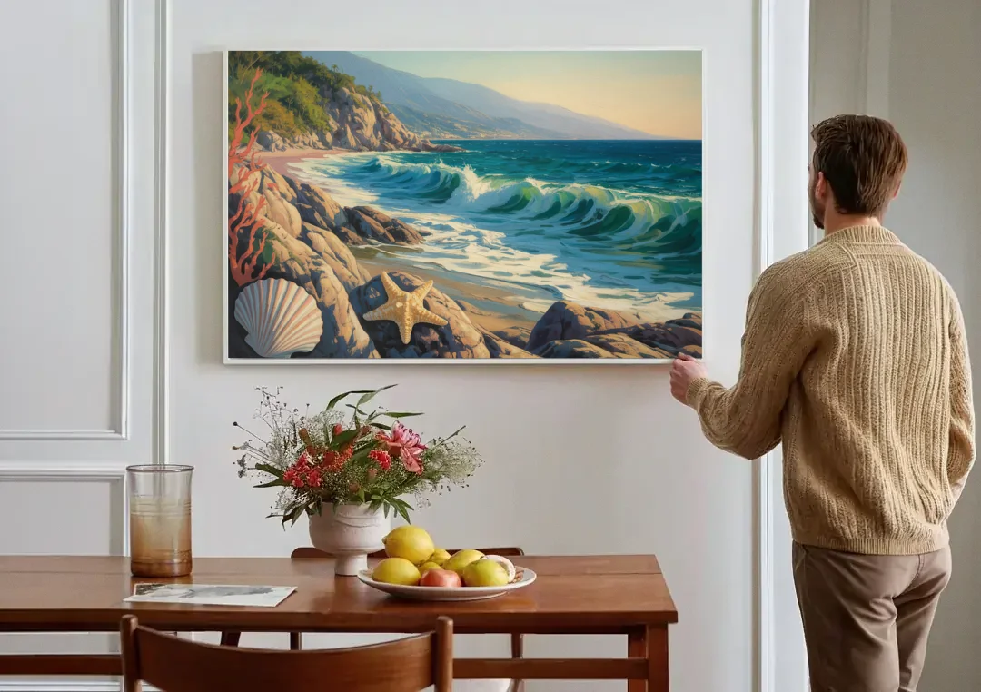 Conchas Chinas Coastline canvas wall art above a dining table