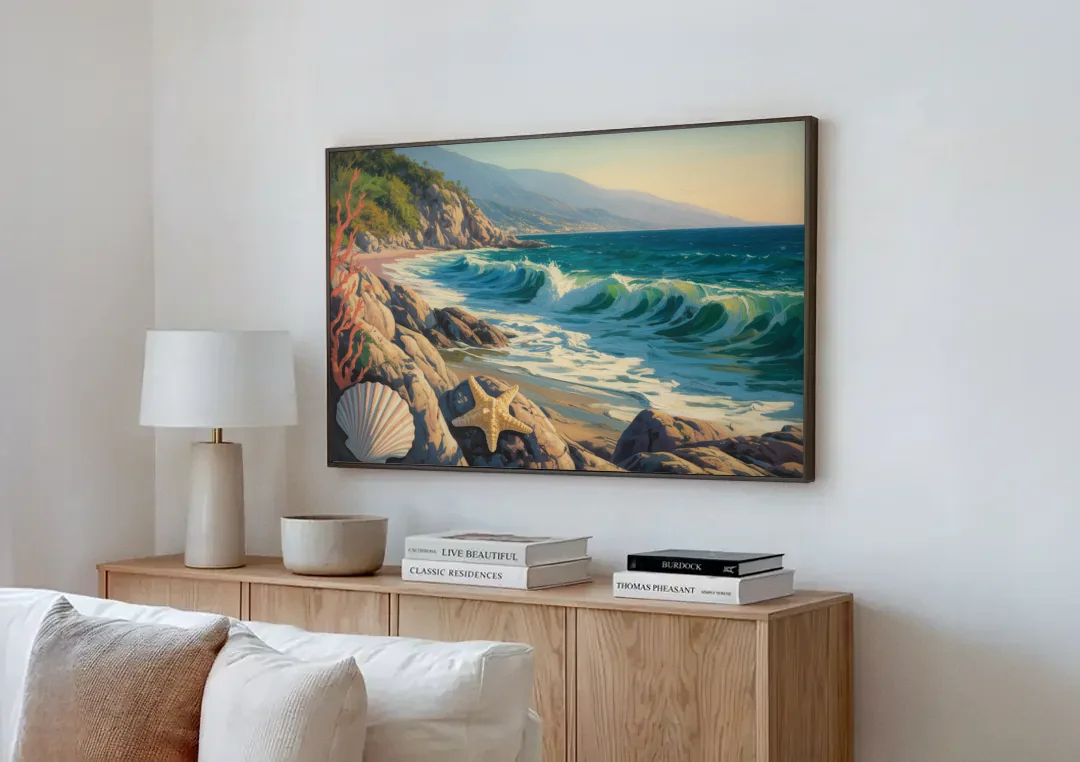Conchas Chinas Coastline canvas wall art above a wooden sideboard next to a sofa
