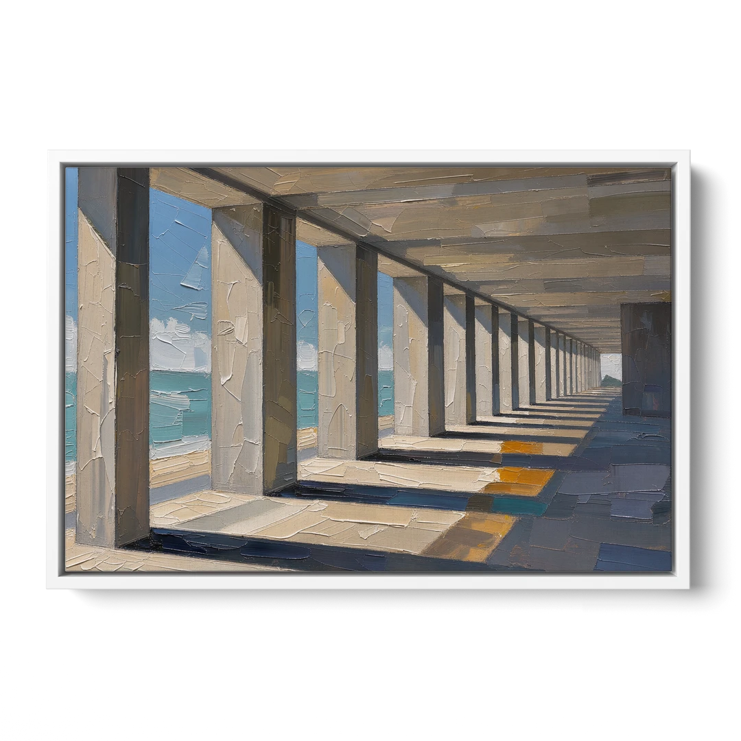 Conference Room Wall Art of a Seaside Colonnade - White Framed Canvas Wall Art - Front