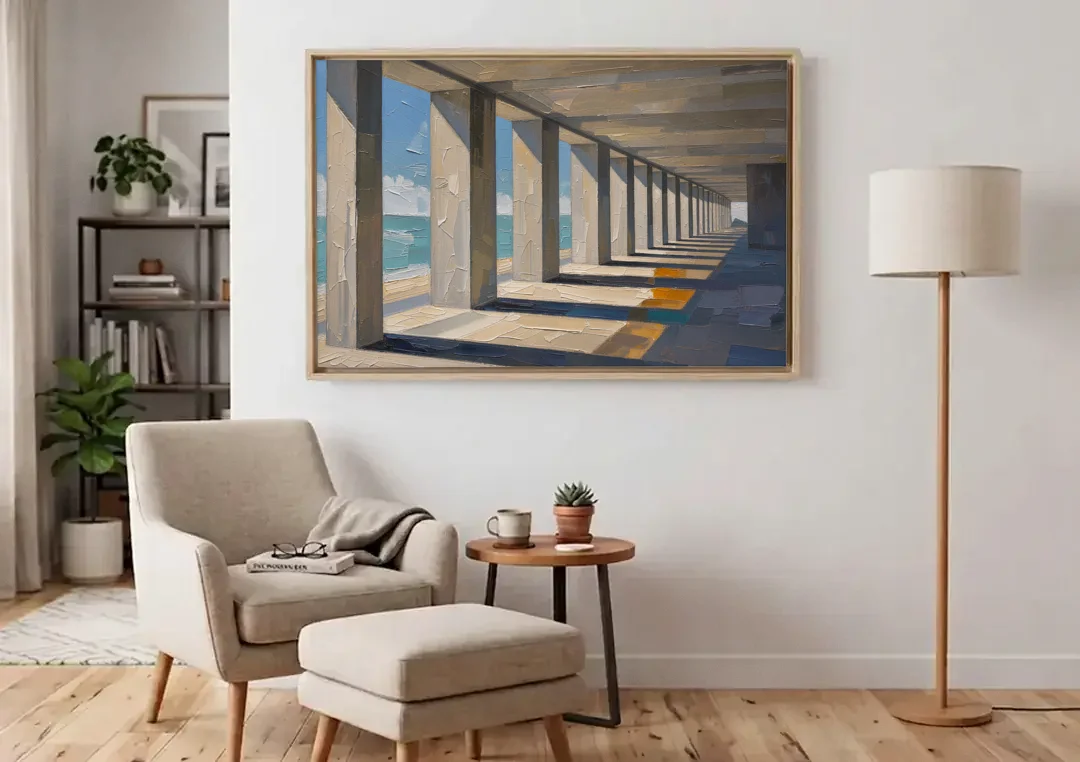 Conference Room Wall Art of a Seaside Colonnade canvas wall art above an armchair in a bright living room