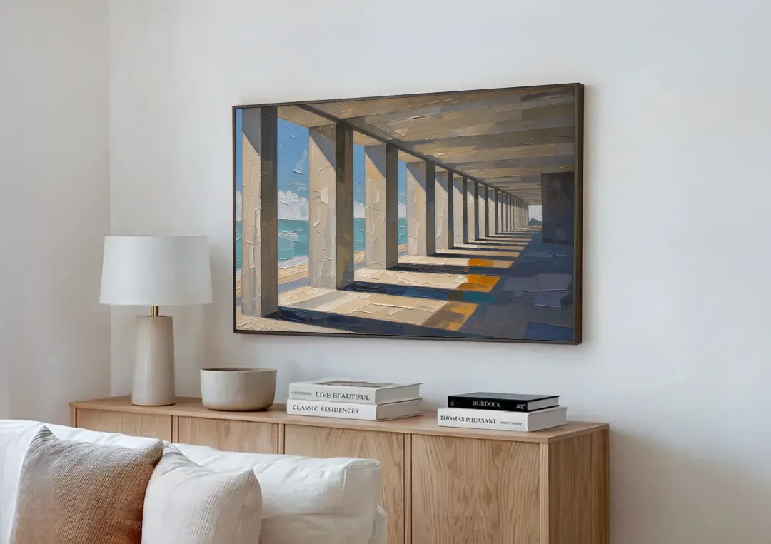 Conference Room Wall Art of a Seaside Colonnade canvas wall art above a wooden sideboard next to a sofa