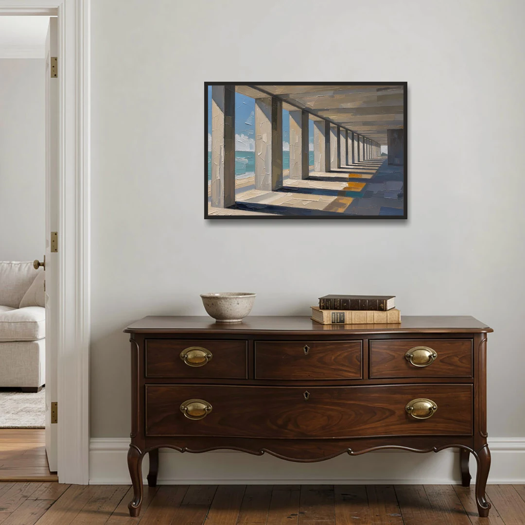 Conference Room Wall Art of a Seaside Colonnade - Black Framed Canvas Wall Art - Coffee Table - 36x24