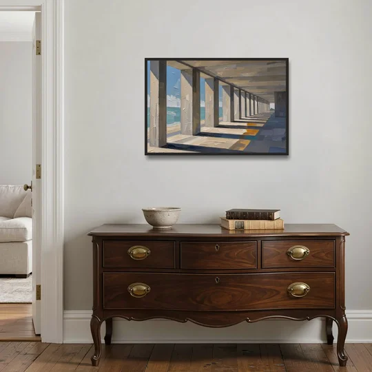 Conference Room Wall Art of a Seaside Colonnade - Black Framed Canvas Wall Art - Coffee Table - 36x24