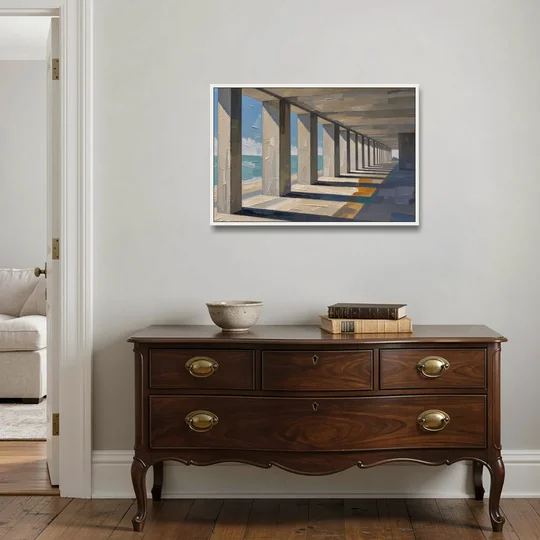 Conference Room Wall Art of a Seaside Colonnade - White Framed Canvas Wall Art - Coffee Table - 36x24