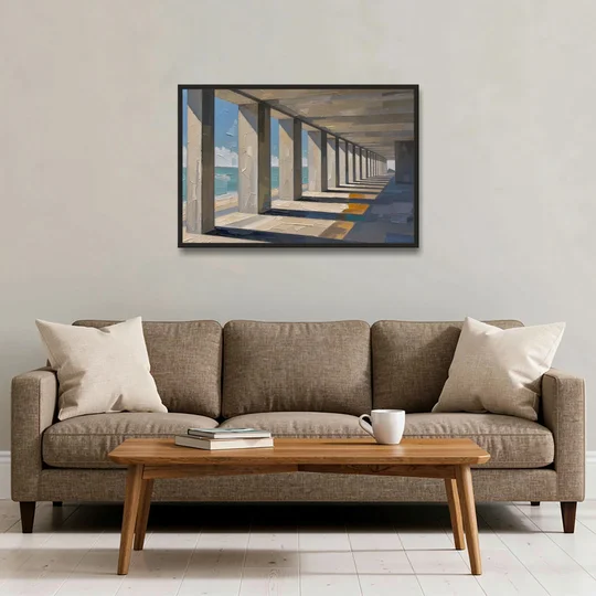 Conference Room Wall Art of a Seaside Colonnade - Black Framed Canvas Wall Art - Sofa - 36x24