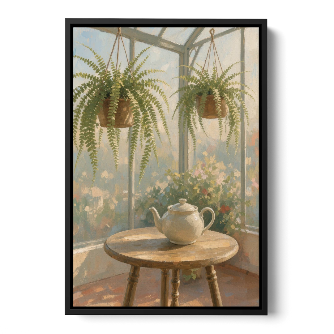 Conservatory Painting with Teapot and Hanging Ferns - Black Framed Canvas Wall Art - Front