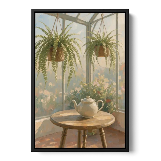 Conservatory Painting with Teapot and Hanging Ferns - Black Framed Canvas Wall Art - Front