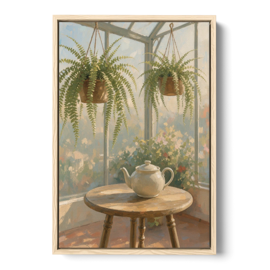 Conservatory Painting with Teapot and Hanging Ferns - Oak Framed Canvas Wall Art - Front