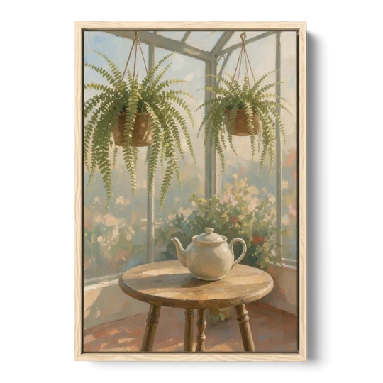 Conservatory Painting with Teapot and Hanging Ferns - Oak Framed Canvas Wall Art - Front