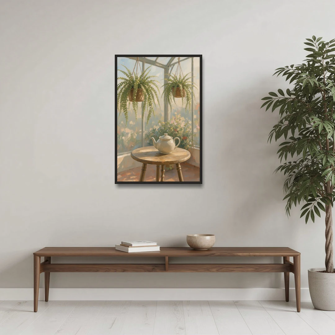 Conservatory Painting with Teapot and Hanging Ferns - Black Framed Canvas Wall Art - Coffee Table - 24x36