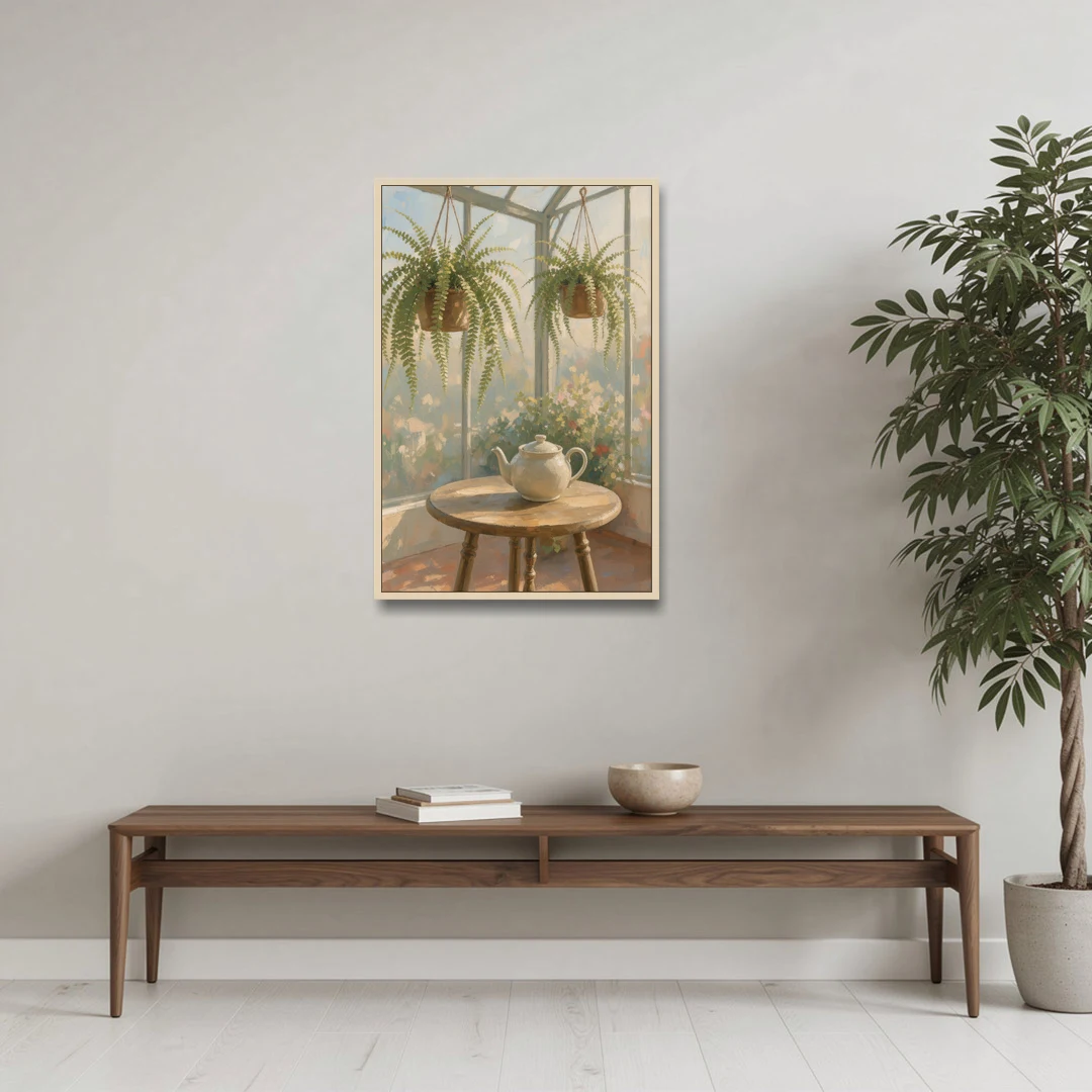 Conservatory Painting with Teapot and Hanging Ferns - Oak Framed Canvas Wall Art - Coffee Table - 24x36