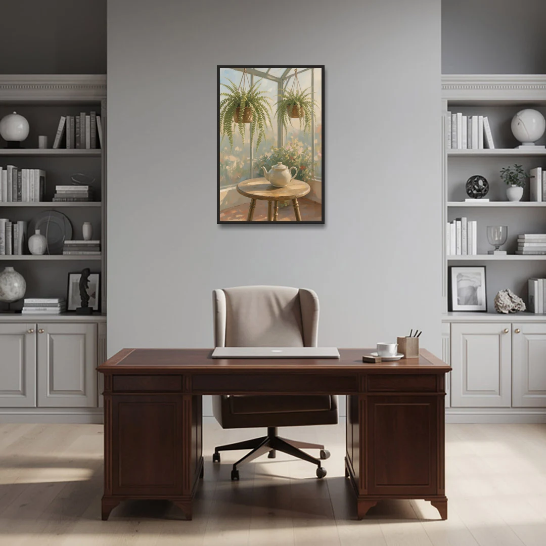 Conservatory Painting with Teapot and Hanging Ferns - Black Framed Canvas Wall Art - Office - 24x36