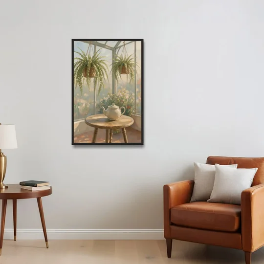 Conservatory Painting with Teapot and Hanging Ferns - Black Framed Canvas Wall Art - Sofa - 24x36