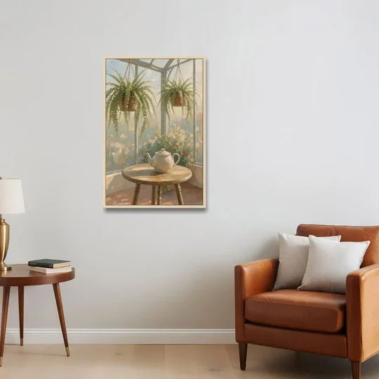 Conservatory Painting with Teapot and Hanging Ferns - Oak Framed Canvas Wall Art - Sofa - 24x36