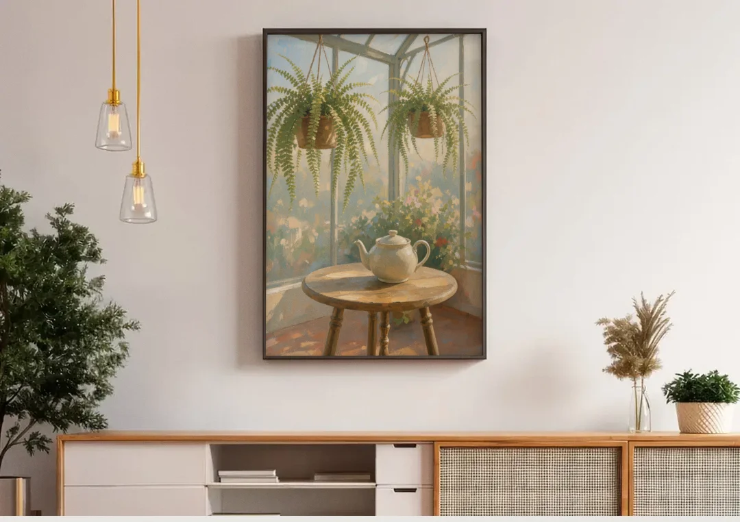 Conservatory Painting with Teapot and Hanging Ferns canvas wall art above a wooden sideboard under pendant lights