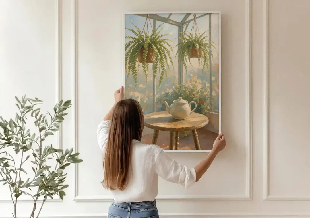 Conservatory Painting with Teapot and Hanging Ferns canvas wall art being hung on a paneled wall
